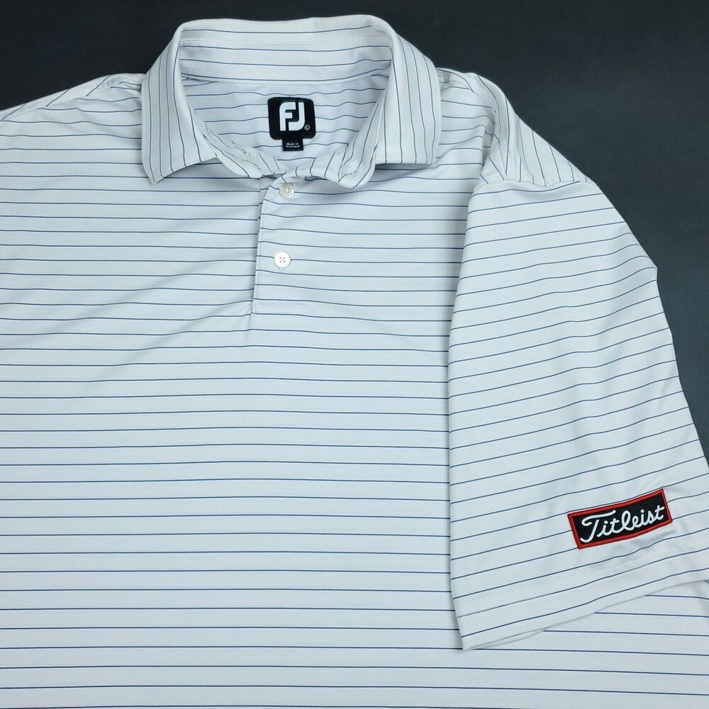 Large FootJoy Titleist Mens White with Navy Striped Performance Golf Polo SS